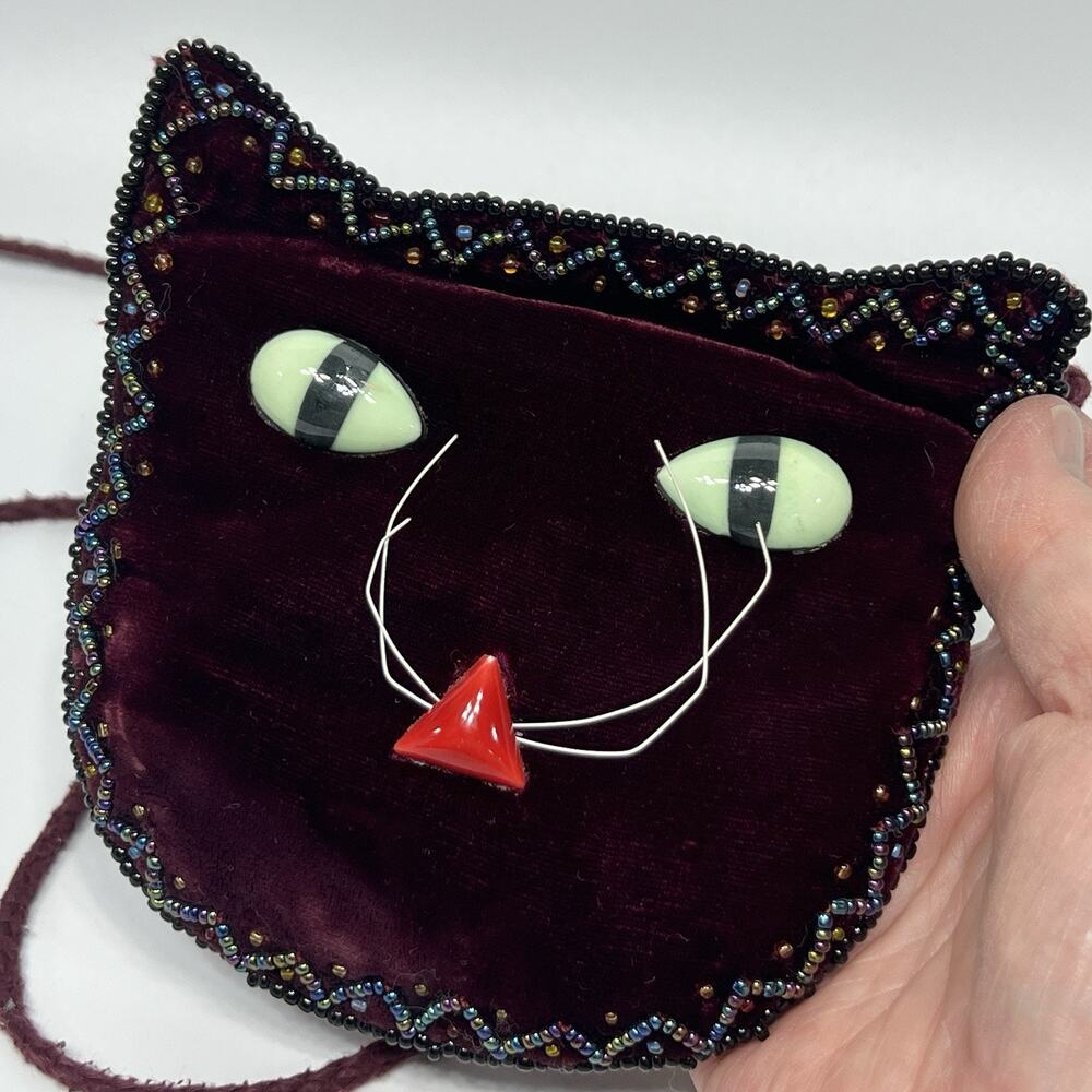 Vtg Red Velvet Cat Pouchette Shoulder Bag 5x5" Mystique Beaded Zipper